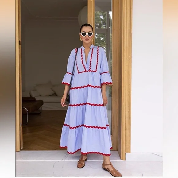 utcoco Summer Beach Boho Striped Flutter 3/4 Sleeve A Line Flowy Long Dress. - Picture 3 of 15